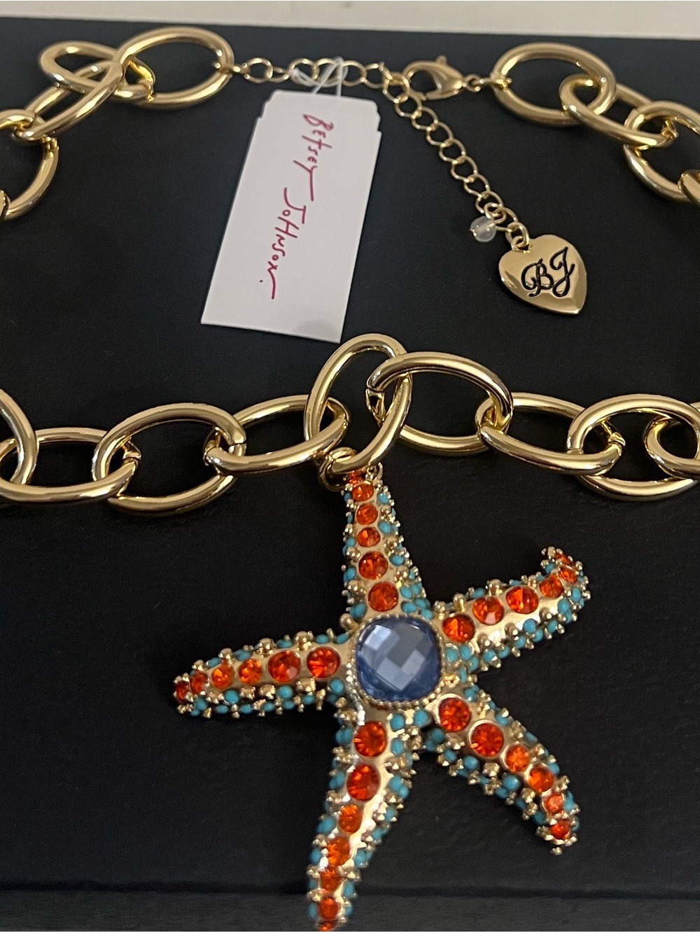 Betsey Johnson Gold-Tone Chain Necklace with Orange & Aqua Starfish Pendant - Picture 13 of 16